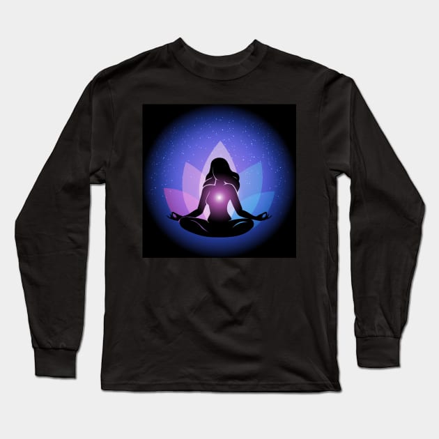 Silhouette of Woman in yoga lotus Pose Long Sleeve T-Shirt by devaleta